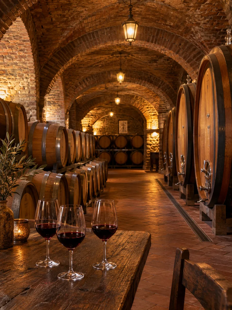 A vaulted brick wine cellar with oak barrels and three glasses of red wine on a tasting table