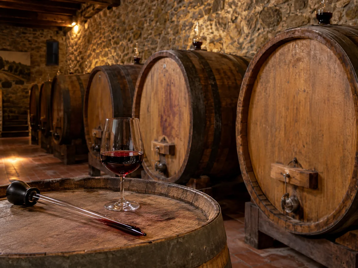Large oak casks along a stone wall in a Chianti winery, with a glass of red wine on a barrel