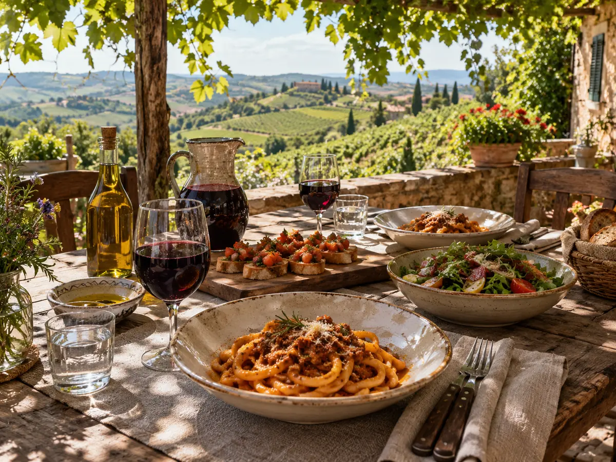 A Tuscan farm lunch of pici pasta, salad, crostini and red wine on a terrace above the vineyards